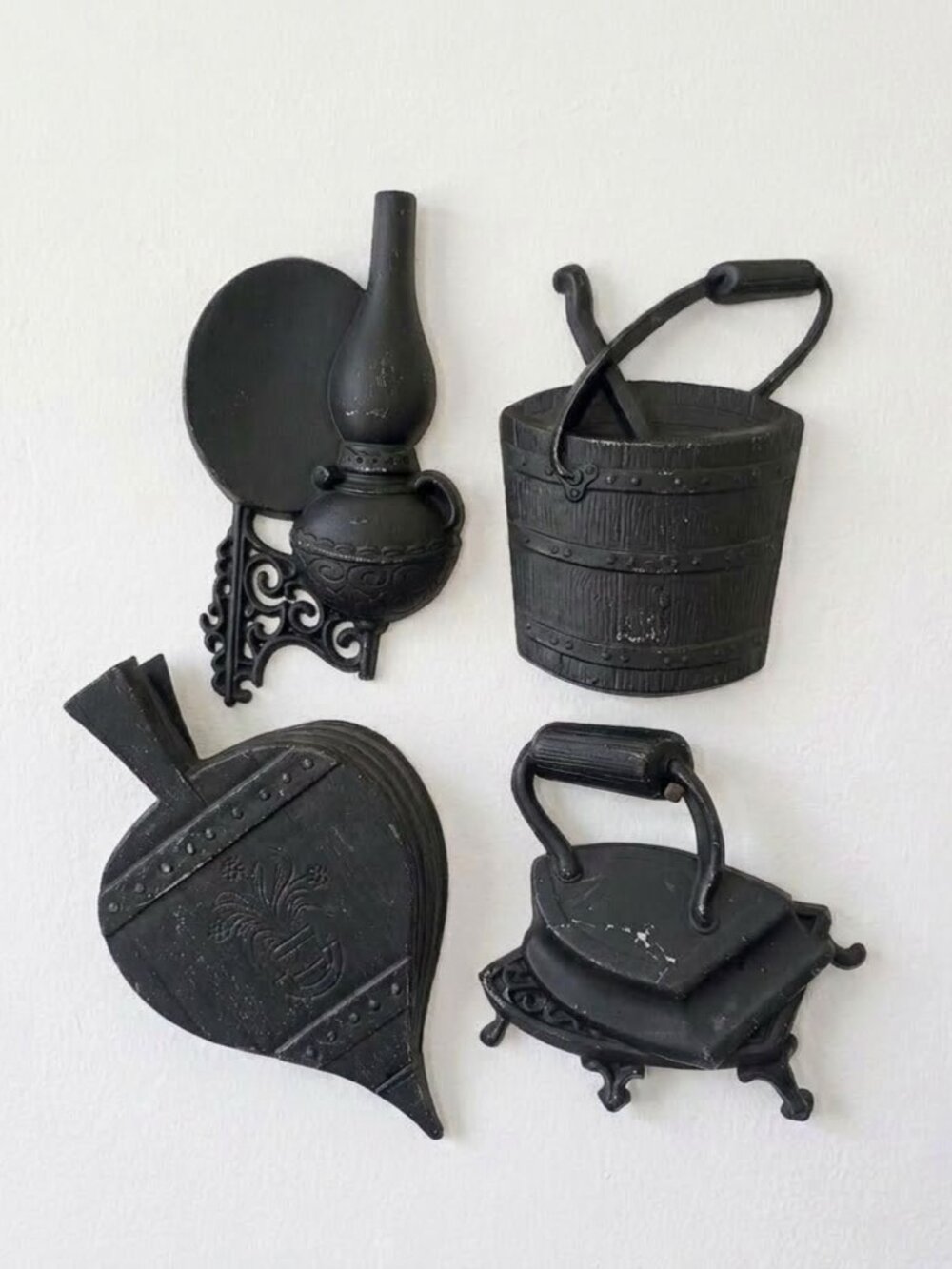 Vintage 1966 Sexton Black Cast Iron Wall Plaques Set of 4 Early American Decor
